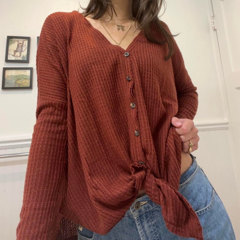 Out From Under UO Burgundy Thermal Knit Button Top